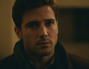 Handsome young man with brown hair and green eyes posing in low key lighting
