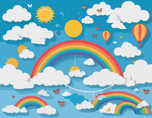 Beautiful fluffy clouds on blue sky background with summer sun, butterfly, hot air balloons and rainbow. Vector illustration. Paper cut style. Place for text