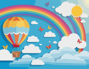 Beautiful fluffy clouds on blue sky background with summer sun, butterfly, hot air balloons and rainbow. Vector illustration. Paper cut style. Place for text
