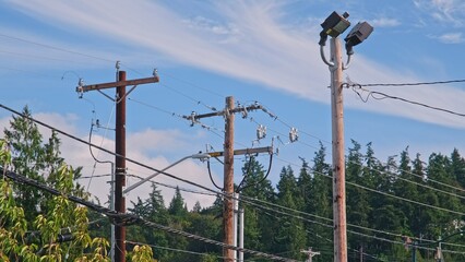 Urban Infrastructure Wooden Utility Poles with Overhead Power Lines and Fiber Optic Cable for...