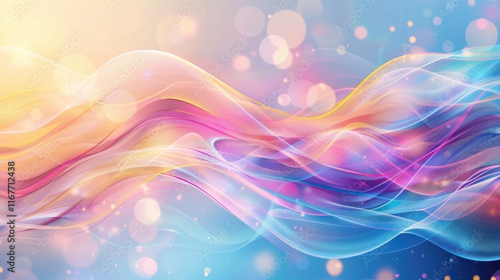 Poster An abstract background with colorful waves and bokeh lights on a light blue backdrop with a soft glow. Ideal for dreamy visuals, creative designs, and soft, glowing-themed projects