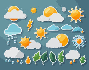 Paper cut weather icons set on transparent background. Vector illustration. White clouds, dew on leaves, fog sign, day and night for forecast design. Sun and thunderstorm stickers.