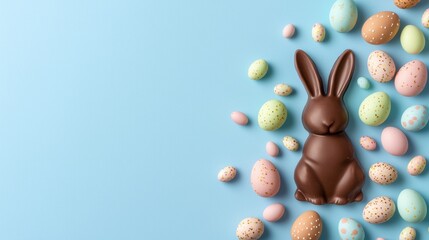 Easter celebration chocolate bunny surrounded by colorful eggs soft pastry bright blue background festive concept