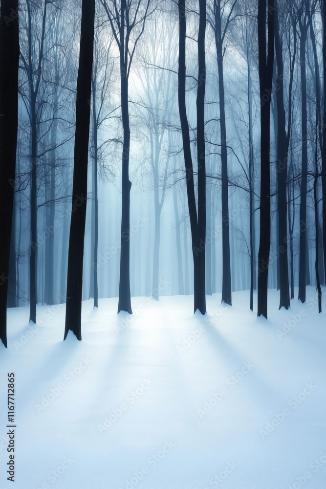 Poster a snowy forest with trees and a sky in the background. the sky is cloudy and the trees are bare