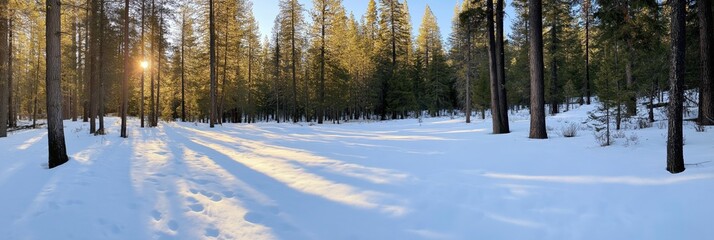 Fototapeta premium A snowy forest with a sun shining through the trees. The sun is casting a shadow on the snow