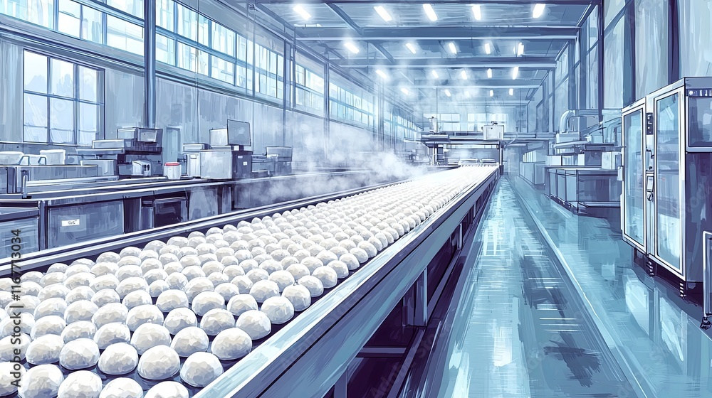 Poster modern dumpling factory assembly line in operation with steaming equipment