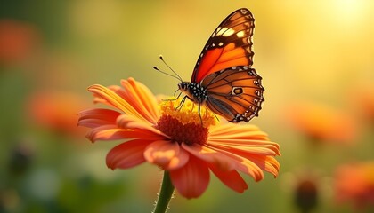 Fototapeta premium Mariposa posada en flor vibrante bajo la luz cálida del sol en un jardín tranquilo