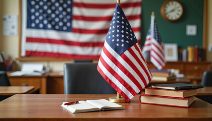 Patriotic classroom setting with American flag and books, educational symbolism