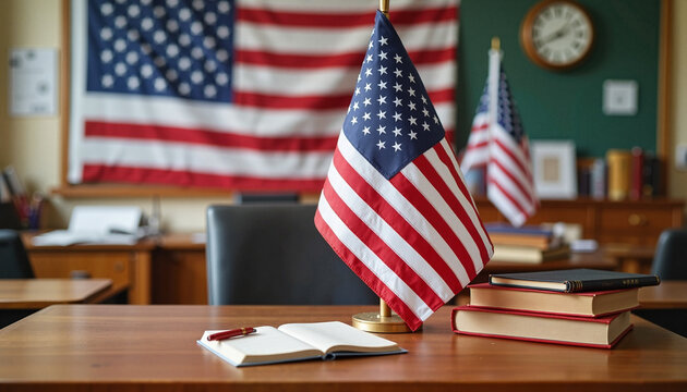 Patriotic classroom setting with American flag and books, educational symbolism