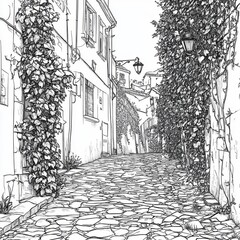 Black and white illustration of a narrow cobblestone street lined with ivy-covered buildings.