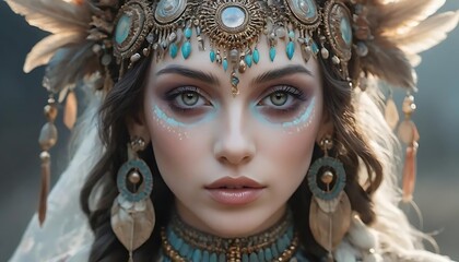a shaman woman, Fantasy tribal shaman woman close up in crown, Fantasy tribal shaman woman close up in crown
