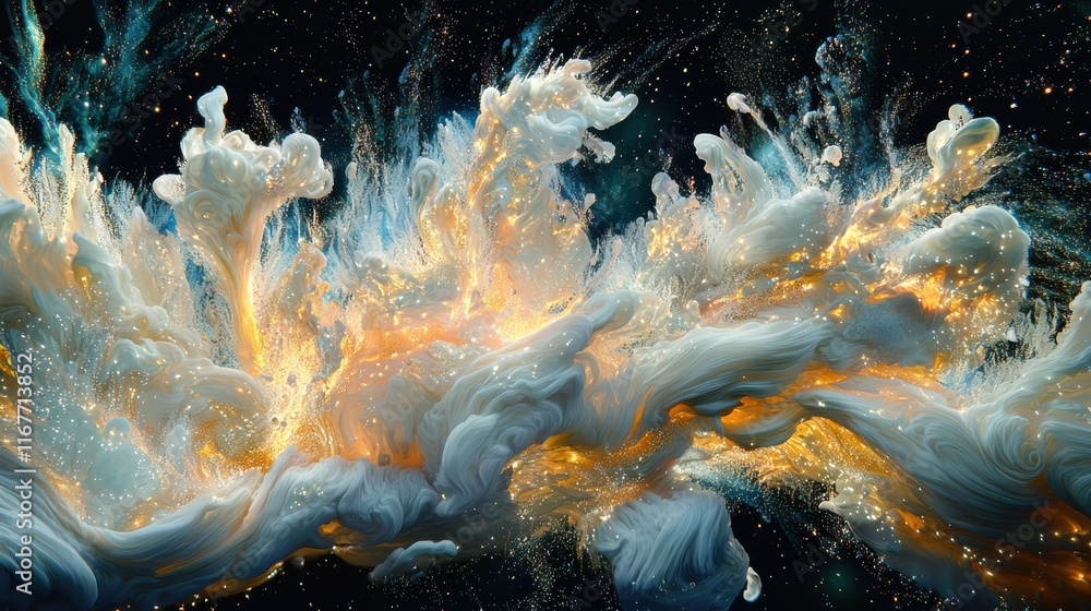 Poster celestial fireworks display outer space digital artwork cosmic environment hyperrealistic perspectiv