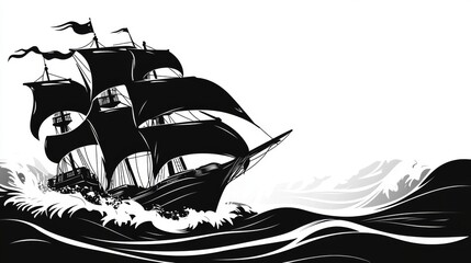 Black and white illustration of a sailing ship on rough seas.