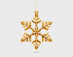 3d gold snowflake. Chrome realistic Christmas decoration isolated on white background. Golden flower Xmas icon. Vector illustration. Snow flake bauble, winter symbol