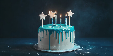 Blue Birthday Cake with Golden Stars Decoration