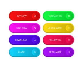 Obraz premium Modern CTA button set, texts and icons, 3D effect, web UI element for landing pages, mobile apps or banners.