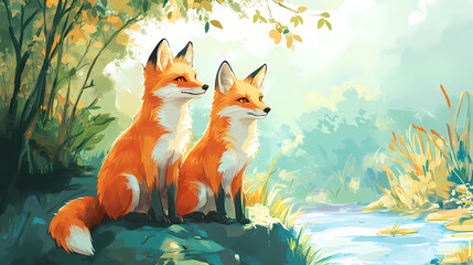 Two foxes in a vibrant natural setting, showcasing their playful bond. Frostwind. Illustration