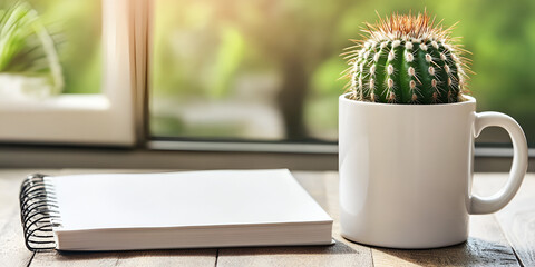 Cactus in a White Cup on Wooden Table