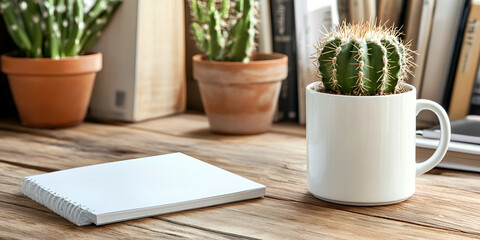 Cactus in a White Cup on Wooden Table