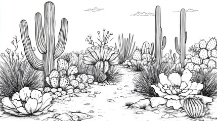 Black and white illustration of desert landscape with various cacti and desert plants.