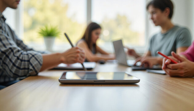 Collaborative learning at teacher's desk with digital tools, engagement
