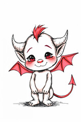 Adorable White Baby Devil Character with Red Details in Cartoon Style