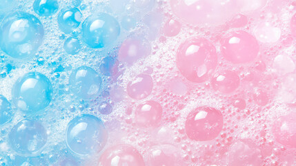 Colorful blue and pink soap bubbles with shimmering foam texture