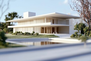 Fototapeta premium Modern white building, landscaping, reflecting pool.