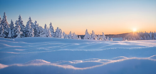 Bright sun shining over snow covered landscape with pine trees
