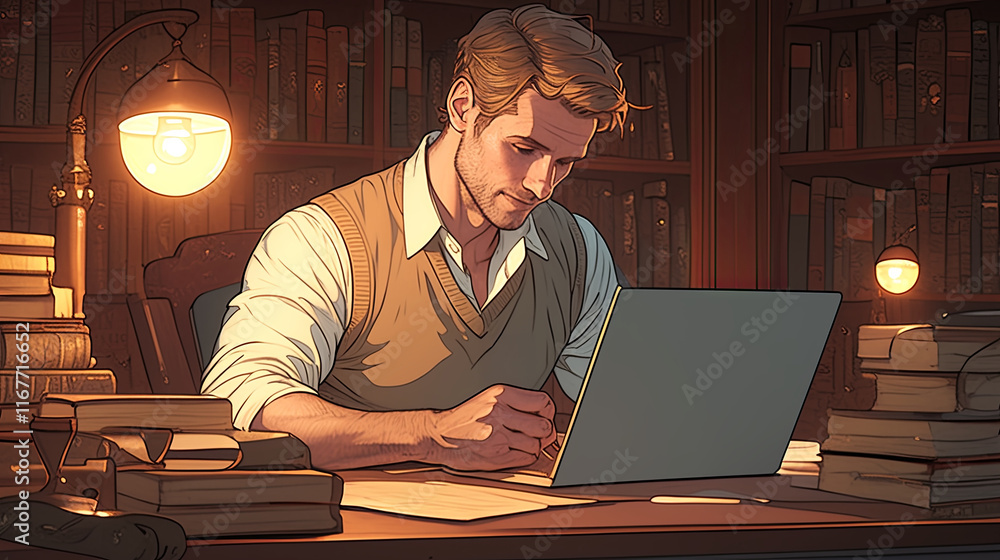 Poster young man studying in a cozy library working on assignments