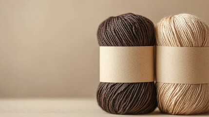 Chocolate mousse yarn skeins with blank labels for mockup on neutral beige background. Natural cotton yarn in rolls. Knitting and craft design