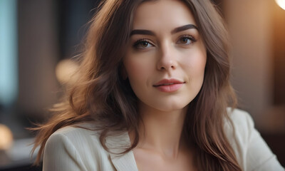 Naklejka premium Beautiful young woman with long brown hair smiling indoors