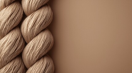 Chocolate mousse yarn skeins mockup with negative space on neutral beige background. Natural cotton yarn in rolls. Knitting and craft design