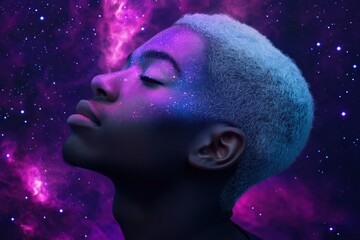 A man with a shaved head is painted with blue and purple colors. The man is looking up at the sky, which is filled with stars. The painting has a futuristic and otherworldly feel to it