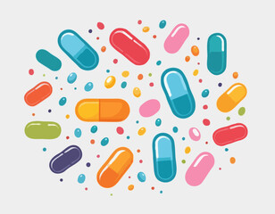 Multi Vitamin complex icons poster. Vector illustration. Multivitamin supplement, b1, d, e, mg, c, zinc, magnesium, a. Diet poster. Colorful pills capsule, droplet group on white background.