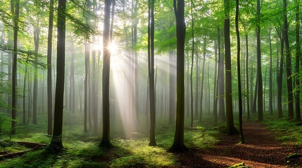 Obraz premium A dense foggy forest in the early morning, with sunlight filtering through the trees and creating a mystical atmosphere