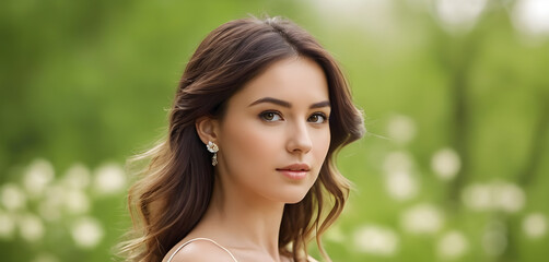 Naklejka premium Beautiful young woman posing outdoors in green summer park