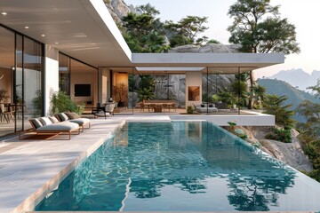 Modern Villa with Swimming Pool and Mountain View at Sunset – Architectural Rendering