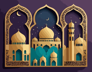 Ramadan Kareem posters set, gold 3d arabian windows on color background, arabesque pattern. Vector illustration. Place for text. Night moon, mosque dome, desert and lanterns paper cut landscape