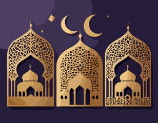 Ramadan Kareem posters set, gold 3d arabian windows on color background, arabesque pattern. Vector illustration. Place for text. Night moon, mosque dome, desert and lanterns paper cut landscape