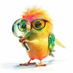 Fototapeta premium Cute funny parrot holding a large magnifying glass in a playful pose