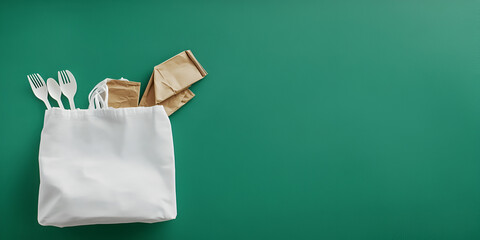 Reusable Shopping Bag with Eco-Friendly Items on Green Background