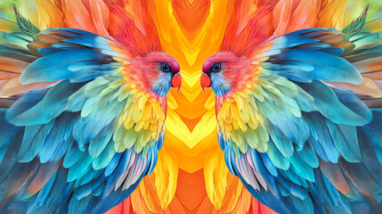 Obraz premium Vibrant symmetrical parrots with colorful feathers in a mirrored composition