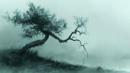 Lone tree on misty hill, moody, atmospheric.