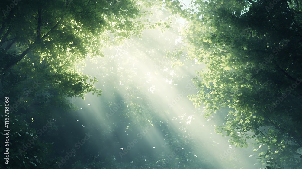 Poster a dense foggy forest in the early morning, with sunlight filtering through the trees and creating a 