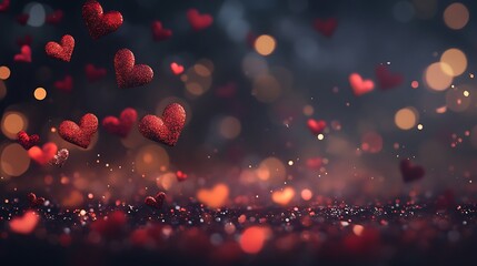 Floating red and gold hearts on a glowing background with a festive feel