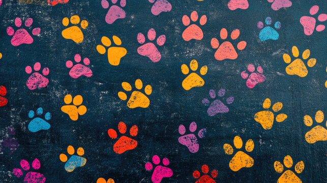 Colorful animal paw prints pattern on dark background