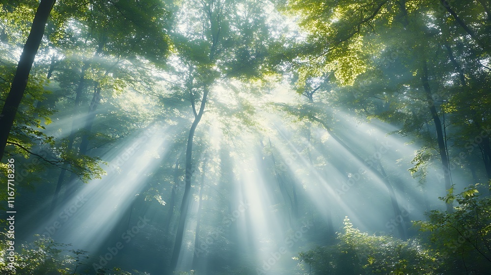 Poster a dense foggy forest in the early morning, with sunlight filtering through the trees and creating a 