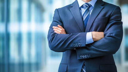 Confident caucasian male in business suit with arms crossed in modern office