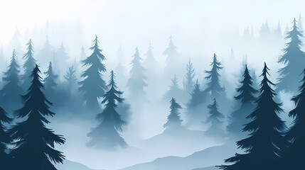 Fototapeta premium Misty forest with evergreen trees in fog. Frostwind. Illustration